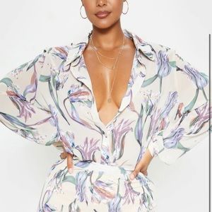 2 piece floral set long sleeve blouse & high waisted flare leg pants.